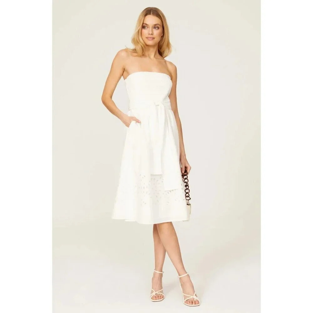 Thakoon Collective Eyelet Tie Waist Dress in White 4 Womens Strapless Cotton Mid